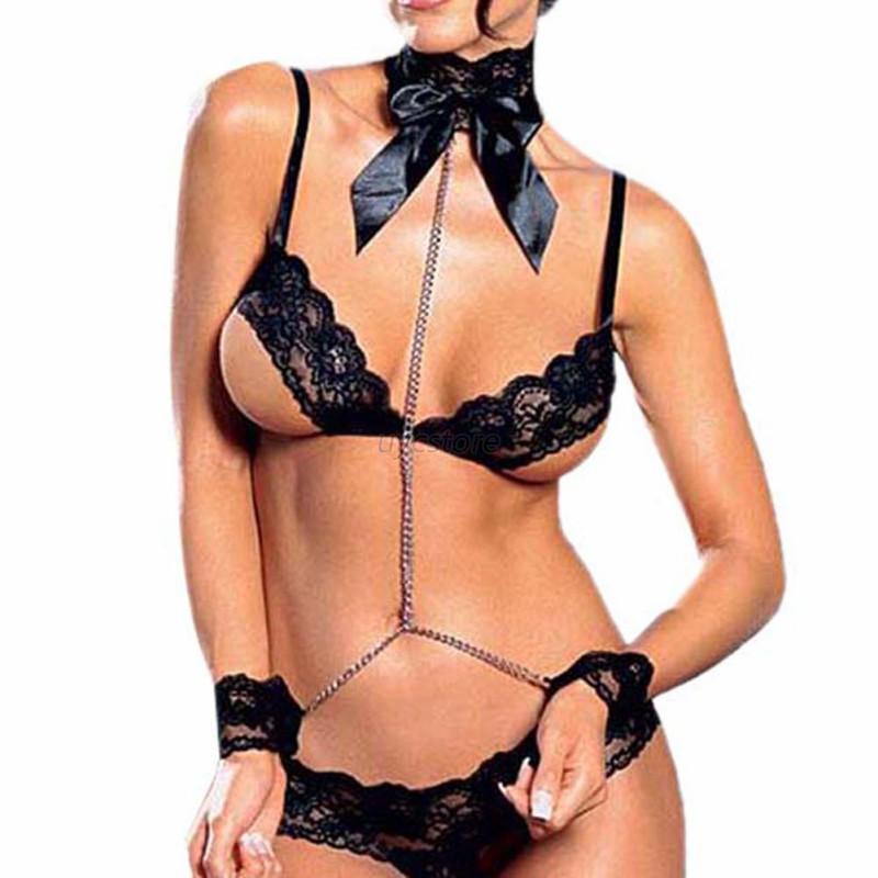 Sexywomen Lingerie Open Cup Bra G String Handcuff Bikini Set Sleepwear