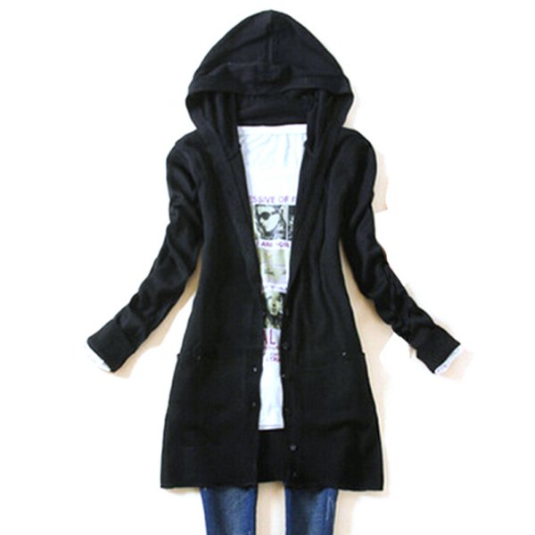 Latest ladies long black hooded cardigan jacket scam canada
