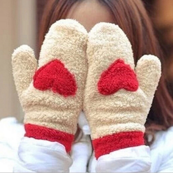 One Pair Cute Warm Gloves Women's Love Heart Print Full Finger Mitten