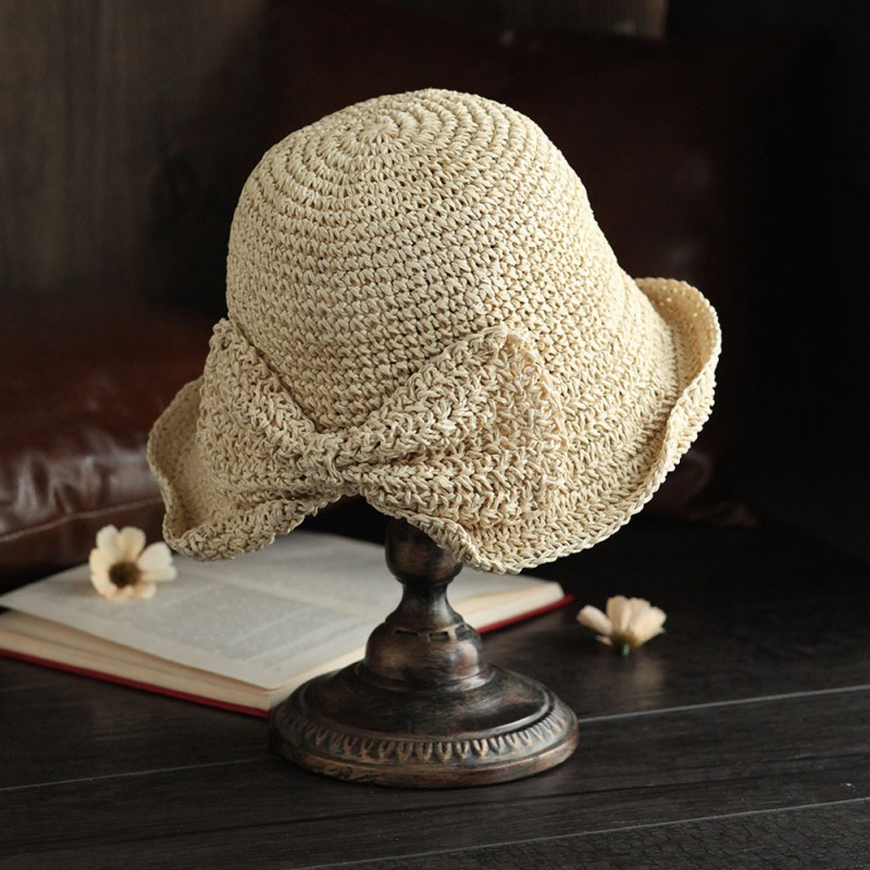 Ladies Bow Straw Wide Brim Hat Floppy Beach Bucket Sun Protection Caps Summer 
