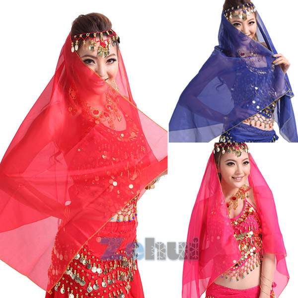 Belly Dance Chiffon Coins Face Veil Dancing Head Scarf