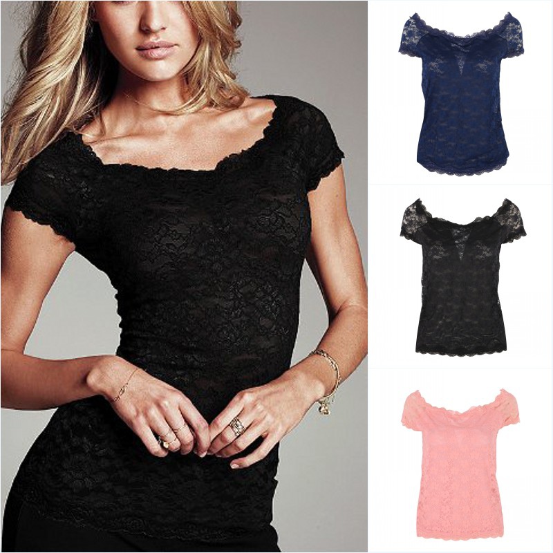 Women Girl See Through Blouse Short Sleeve Casual Floral T-Shirt Lace Slim Top