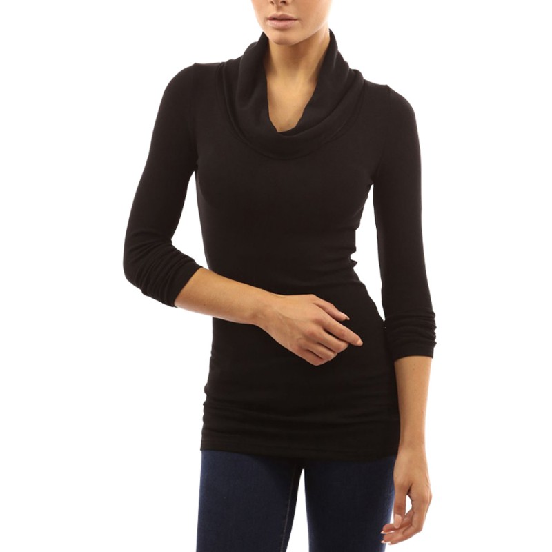 Womens Cowl Neck Long Sleeve Bodycon Slim Stretchy Pullover Tops T ...