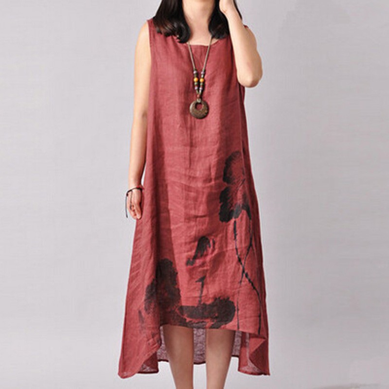 Women Summer Linen Print Chinese Style Loose Long Sleeveless Dress Plus ...