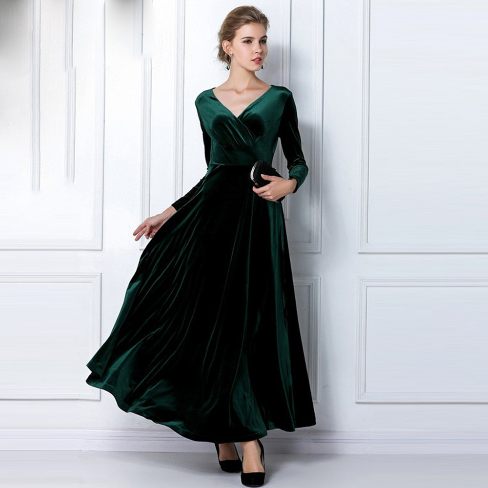 Women Vintage Long Sleeve Maxi Velvet  Bridesmaid Evening  