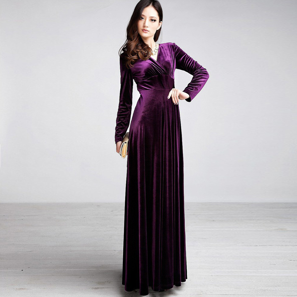 Women Vintage Long Sleeve Maxi Velvet Bridesmaid Evening Cocktail Party ...