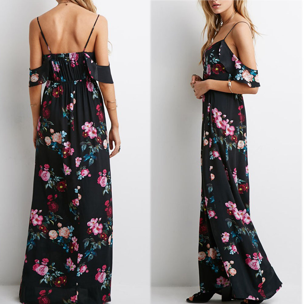 Summer Women Off Shoulder Chiffon Dress Floral Maxi Long Evening Party Dress Uk Ebay 