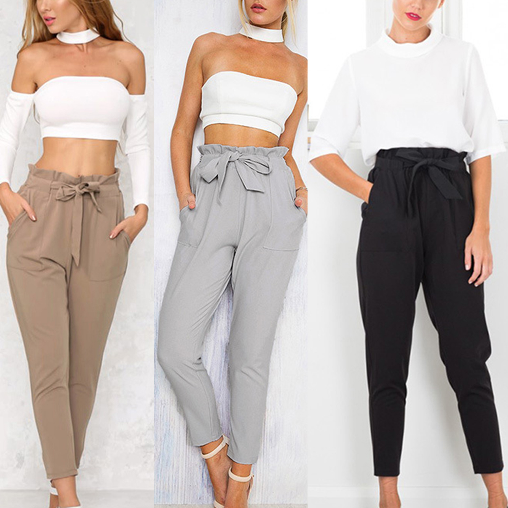 Women OL Chiffon High Waist Pants Bow Tie Drawstring Belted Harem Pants ...