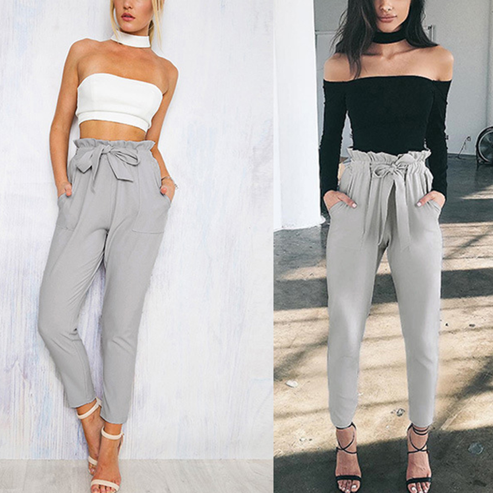 Fashion Women High Waist Drawstring Elastic Long Pants