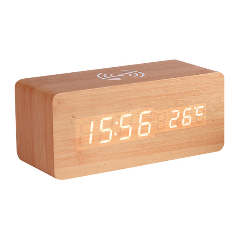MODERN WOODEN WOOD Digital Desk Alarm Clock Thermometer Qi Wireless