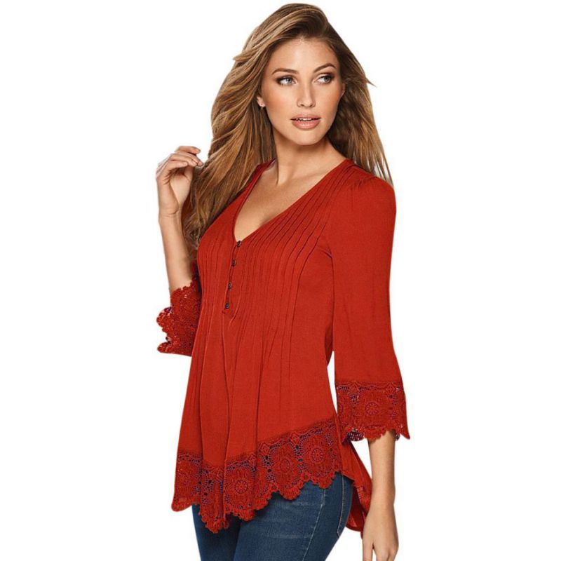 Lady Womens Solid Loose Blouse Lace Shirts Three Quarter Sleeve Tops ...