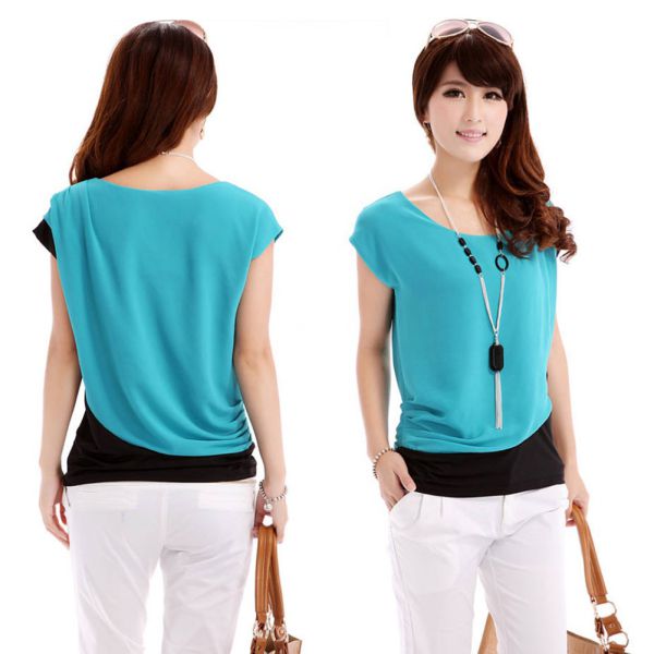 Women Elegant Blouse Short Sleeve Bow Chiffon Blouse