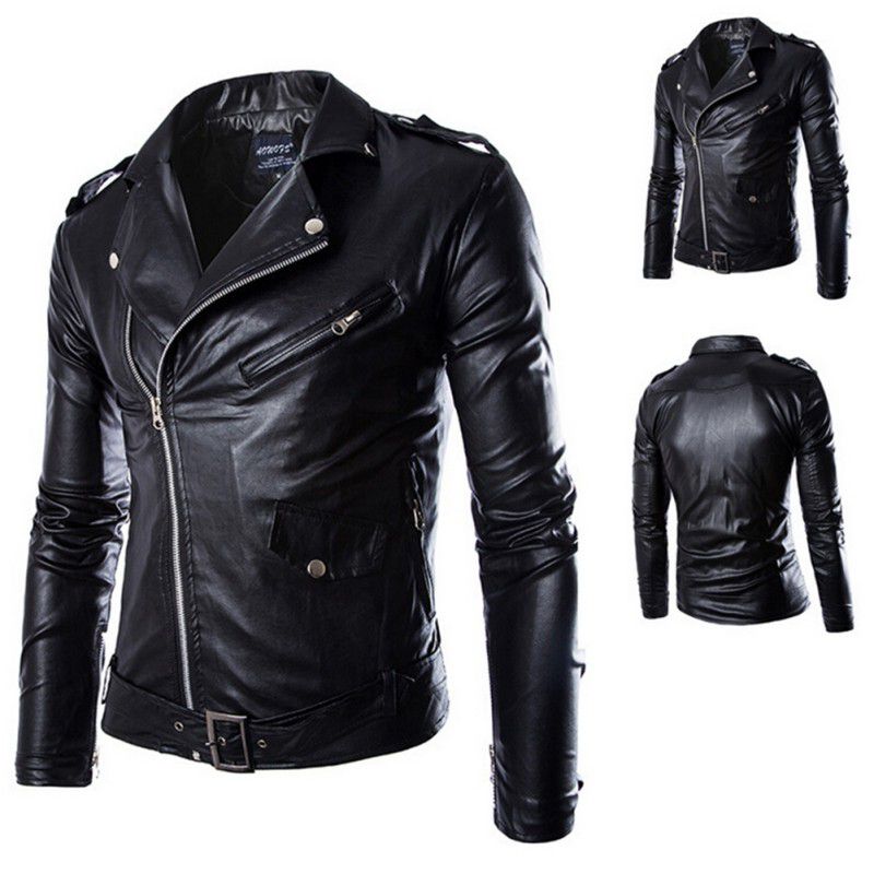 Mens Slim Fit PU Leather Biker Jacket Cool Motorcycle Coat Overcoat ...