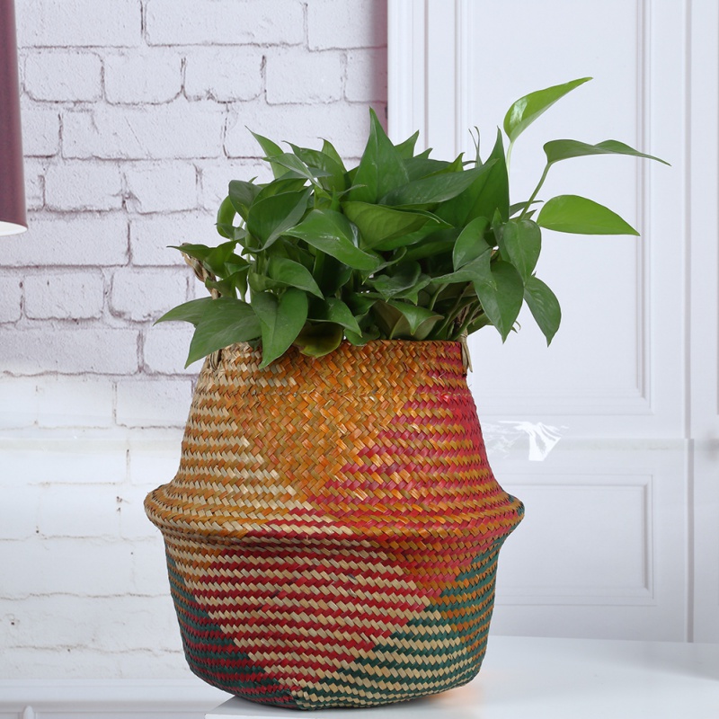 Portable Seagrass Belly Basket Flower Plant Pot Laundry Box Storage Home Garden 