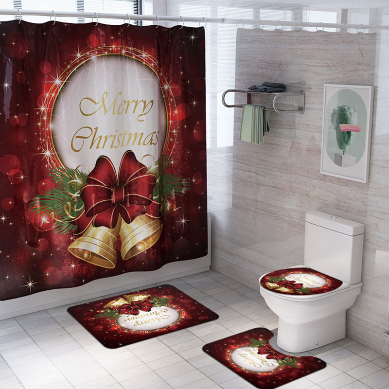 Merry Christmas Printing Bathroom Shower Curtain Toilet Waterproof Mat 4Pcs/Set 