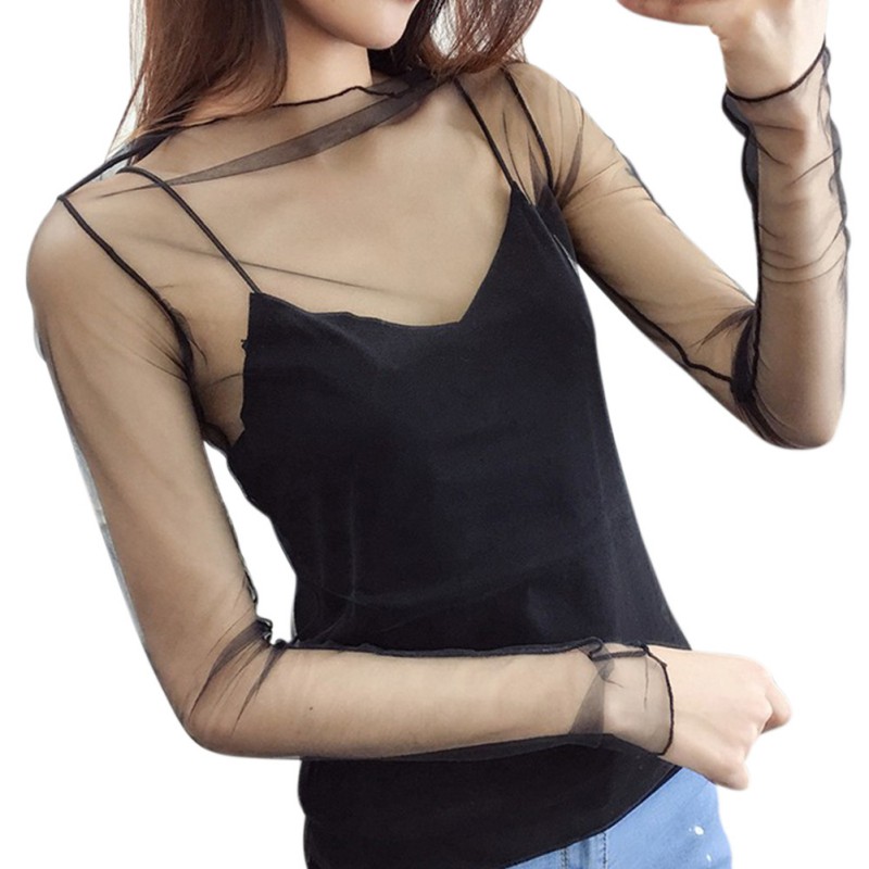 Women Hollow Mesh Net T-Shirt Short/Long Sleeve Tee Tops Transparent ...