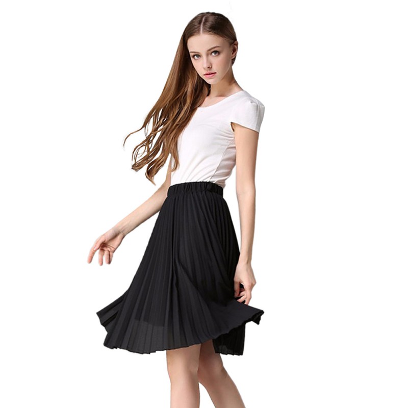 Women Elegant Stretch Pleated Skirt Tulle Skirt Chiffon Flared Midi ...