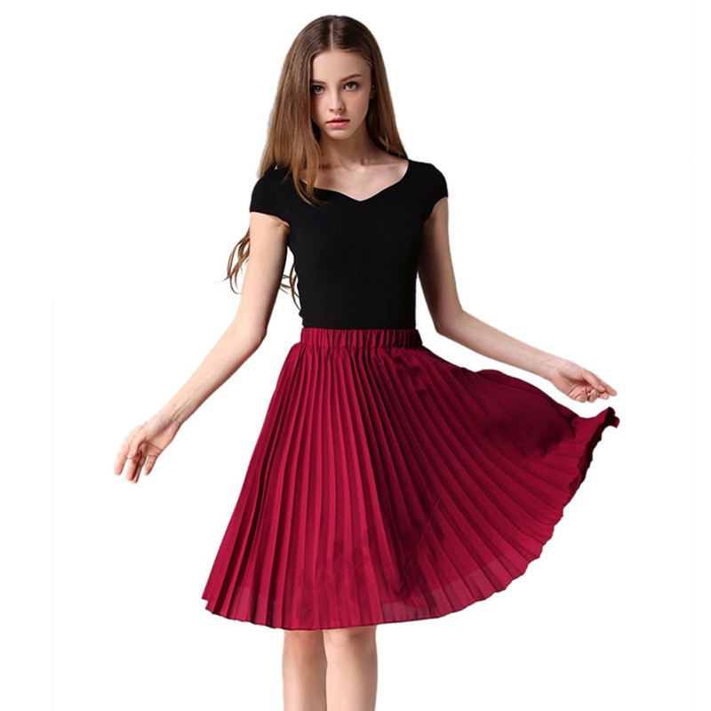 Women Elegant Stretch Pleated Skirt Tulle Skirt Chiffon Flared Midi ...