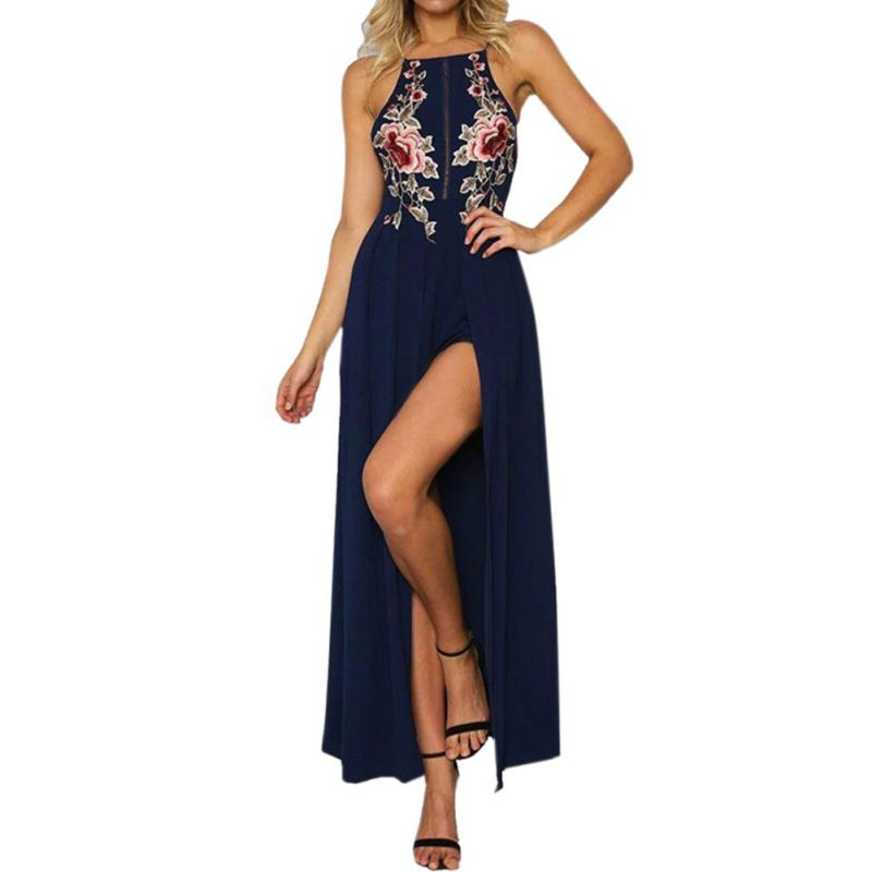 Trendy Women Floral Embroidery Romper Shorts High Slit Maxi Long Party ...