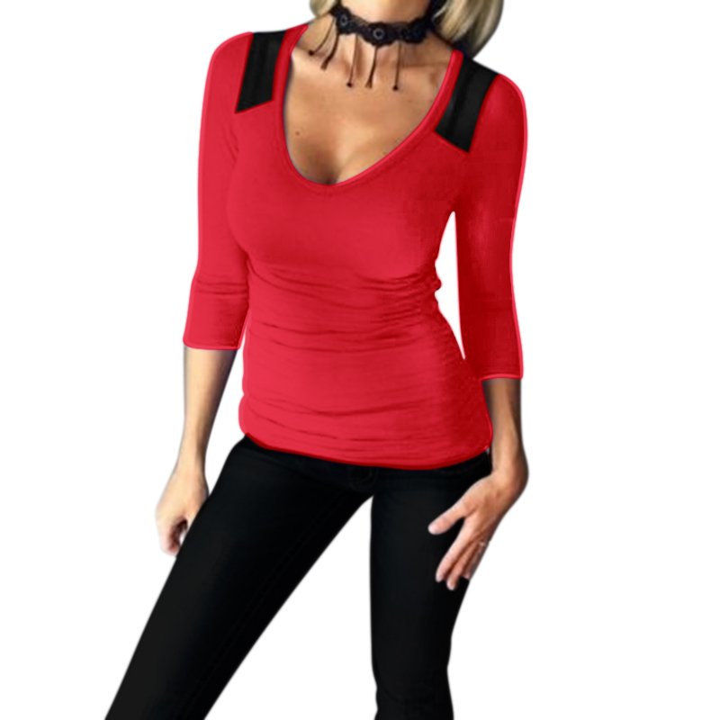 Basic Deep V Neck Women Long Sleeve Fitted Solid Tops Plain T Shirt