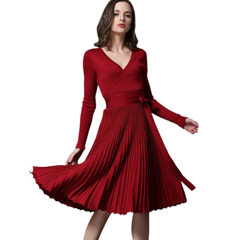 Women Deep V Belted Mid-Calf Pleated Dress Long Sleeve Knit Sweater ...