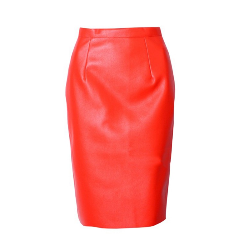 Women PU Leather Pencil Skirt High Waist Sexy Below Knee Skirt Midi ...