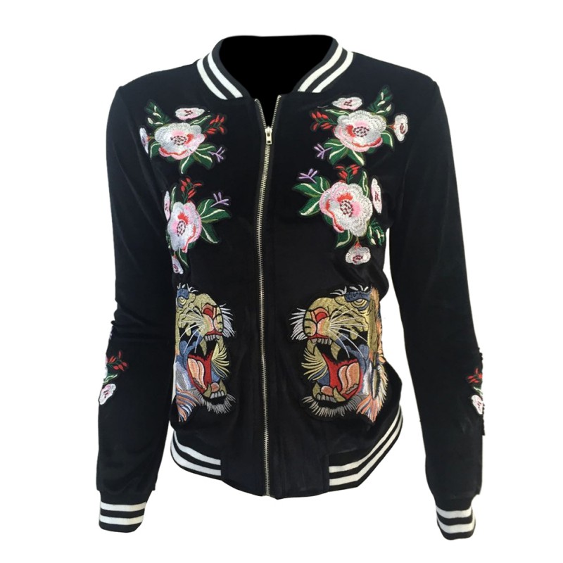 Women Velvet Embroidered Tiger Bomber Jacket Women Sport Baseball Coat