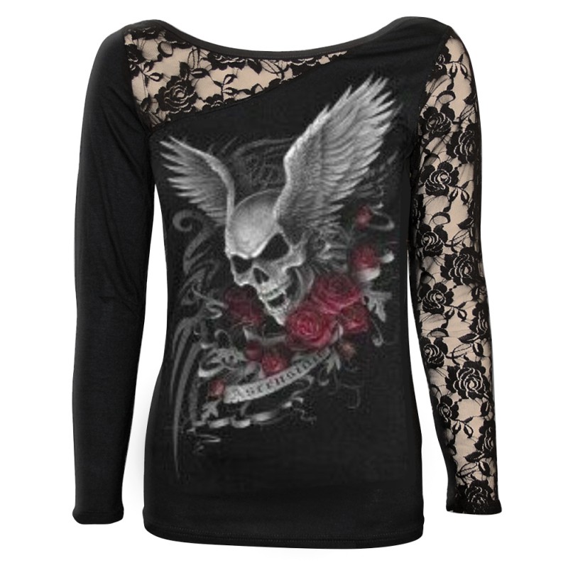 Women's Long Sleeve Gothic Lace Skull Print Tunic Blouse T Shirt Tops ...