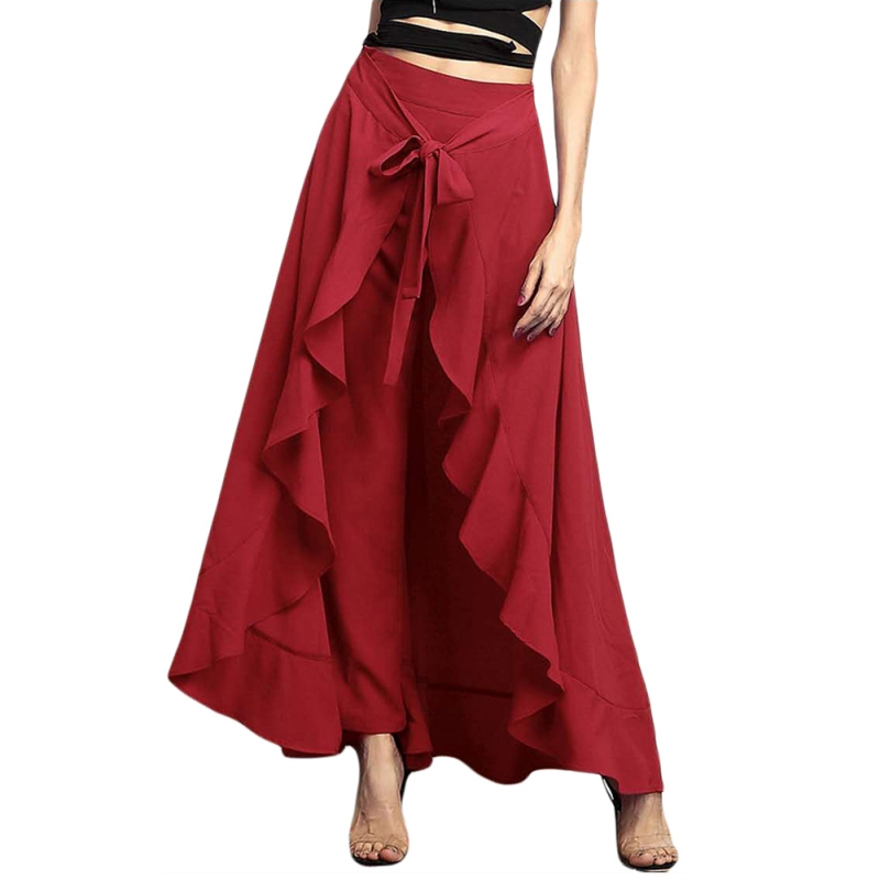 Women High Waist Wide Leg Long Skirt Pants Chiffon Pleated Swing Loose ...