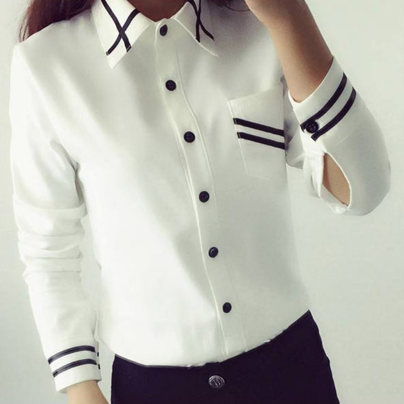 2018 New Women Blouse Casual Long Sleeve White Blue Shirt