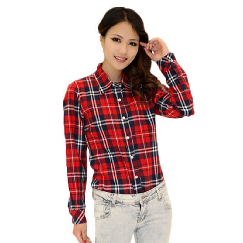 Trendy Women Button Down Blouse Tops Long Sleeve Flannel Check Plaid ...