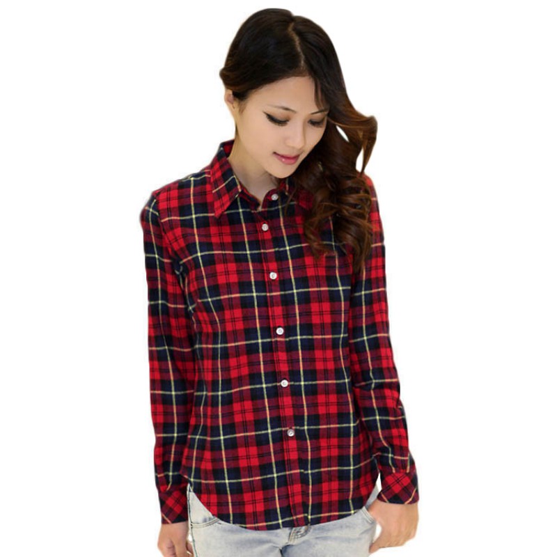 Vintage Women Button Down Blouse Top Long Sleeve Flannel Check Plaid ...