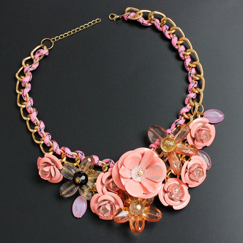 Women Rhinestone Decor Chunky Flower Choker Necklace Pendant Jewelry