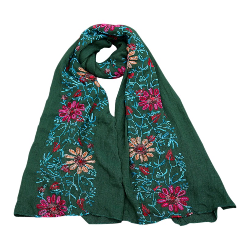 Women’s Large Embroidered Cotton Linen Floral Scarf Hijab Shawl Wrap