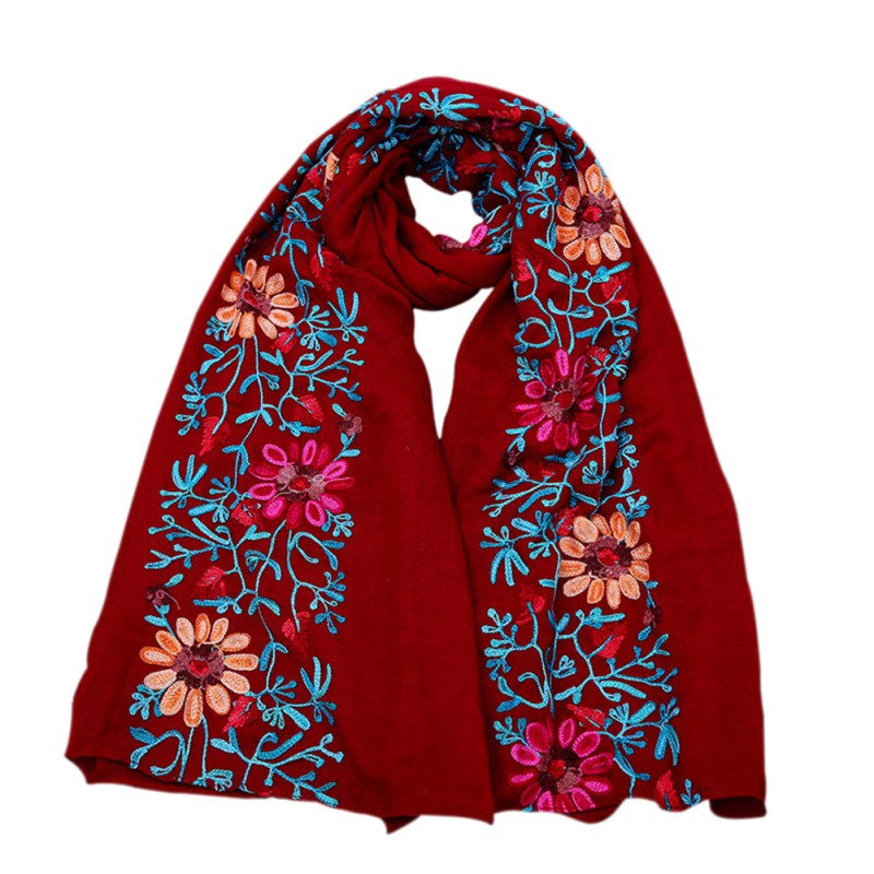 Women’s Large Embroidered Cotton Linen Floral Scarf Hijab Shawl Wrap