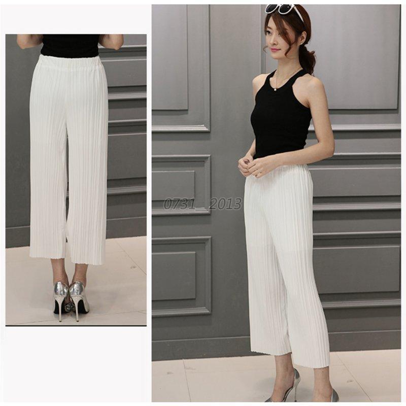 Women Casual Pleated Chiffon Loose Wide Leg Cropped Pants Lady Trousers