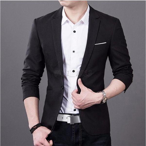 Men's Slim Fit One Button Suits Blazer Business Coat Jacket Tops Formal ...