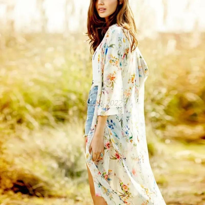 AU Women Boho Floral Chiffon Beach Kimono Cardigan Long Cover Up Jacket