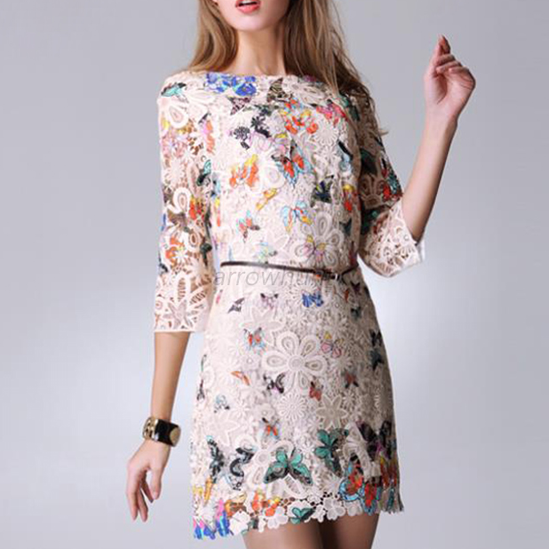 Women Floral Lace Butterfly Print Embroidered 3/4 Sleeves Party Mini ...