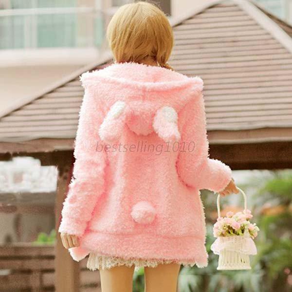 Women Girl Cute Bunny Rabbit Ears Hoodie Coat Winter Warm Jacket