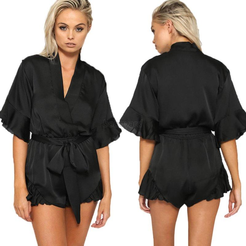 Sexy Womens Satin Silk V neck Party Jumpsuit Romper Shorts Playsuit ...