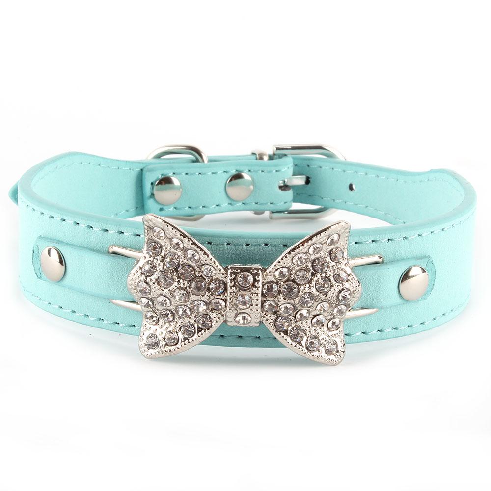 XS S M Pet Dogs Collar Bling Crystal Bow Leather Puppy Choker Cat