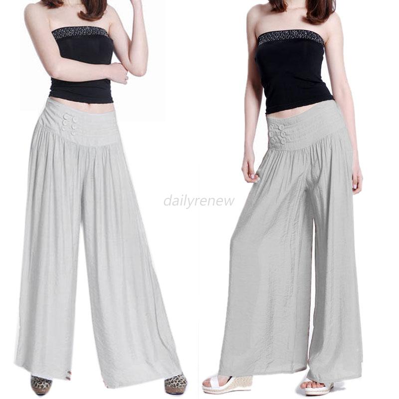 Elastic Waist Solid Cotton Women Wide Leg Pants Casual