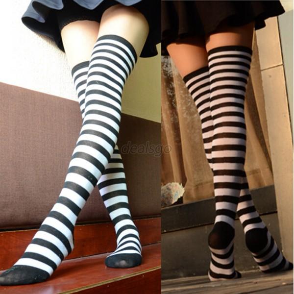 Cute Women Stripe Cotton School High Knee Long Socks Tights Stocking Fashion New Ebay