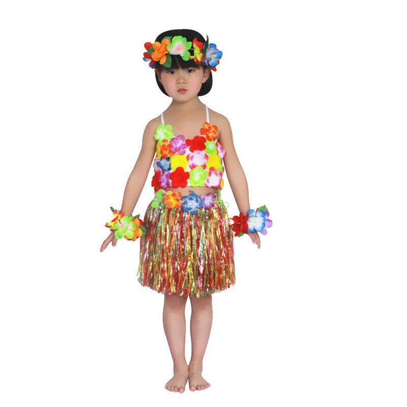 Kids Girls Hawaiian Grass Skirt Hula Dress W/Tops Beach Party Dancing ...