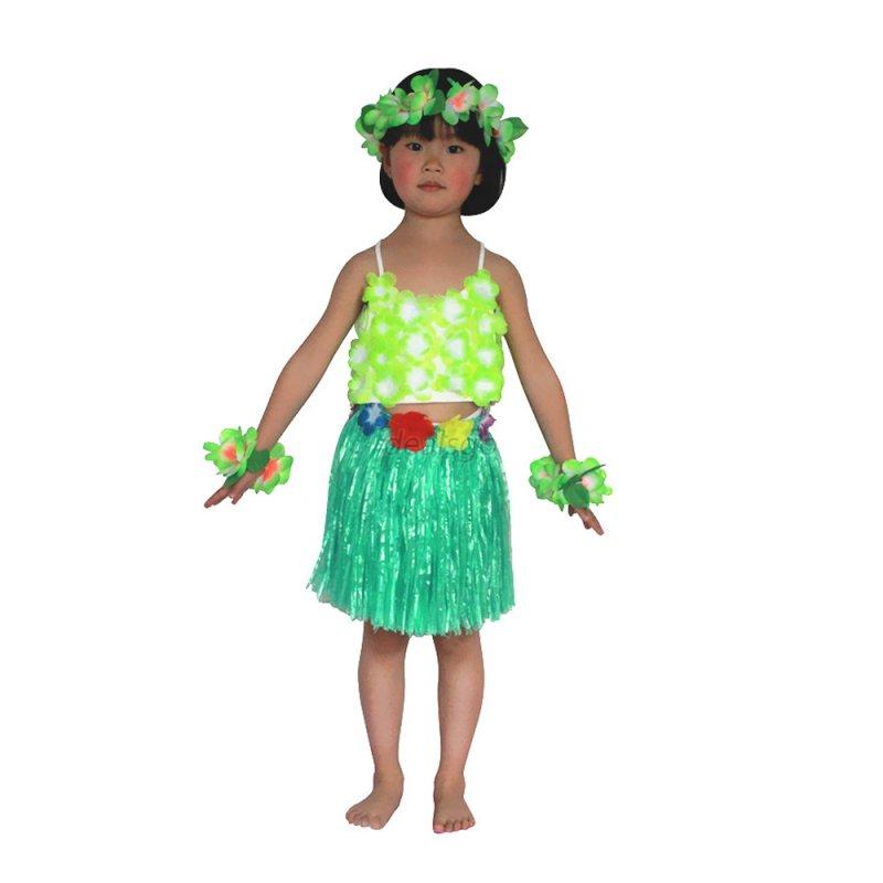 Kids Girls Hawaiian Grass Skirt Hula Dress W/Tops Beach Party Dancing ...