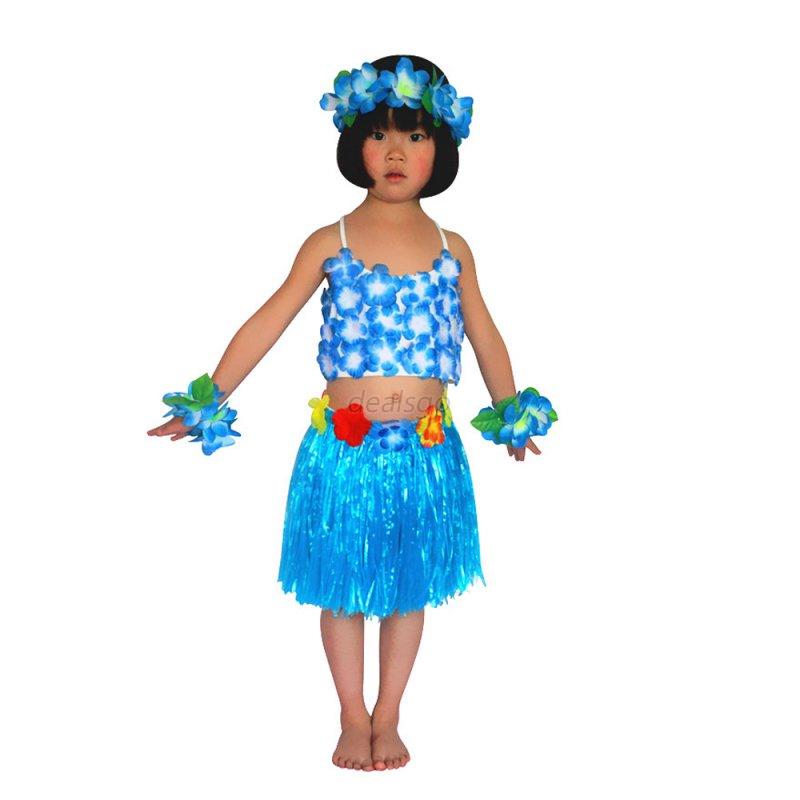 Kids Girls Hawaiian Grass Skirt Hula Dress W/Tops Beach Party Dancing ...