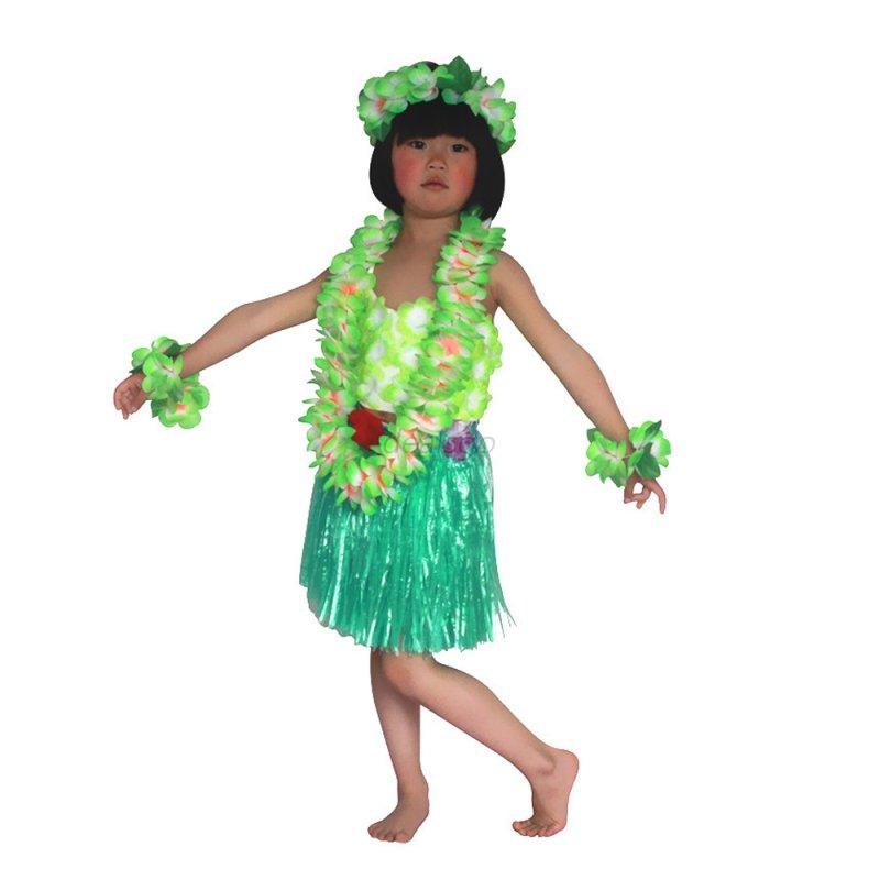 Kids Hawaiian Grass Straw Skirt Flower Hula Lei Garland Fancy Dress ...