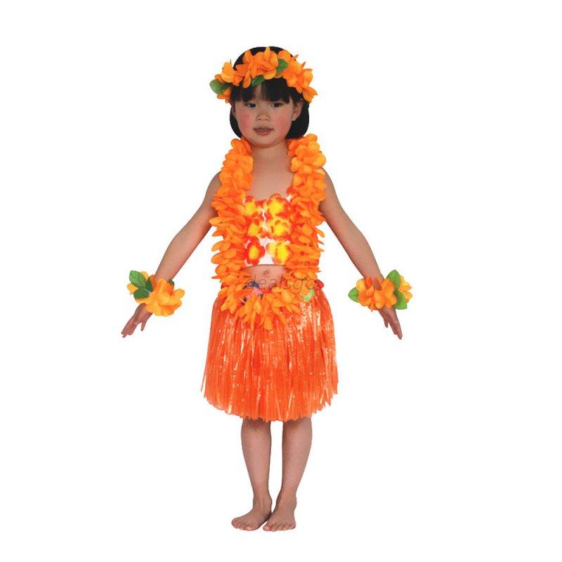 Kids Hawaiian Grass Straw Skirt Flower Hula Lei Garland Fancy Dress ...