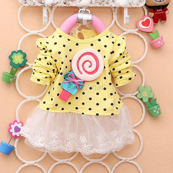Cute Baby Kid Girl Long Sleeve Lace Dress Lollipop Polka Dot Bow Tutu ...